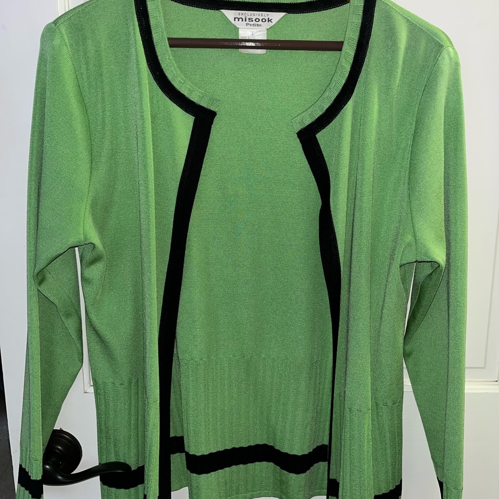 Misook Women's Lime Green Cardigan with Black Accents